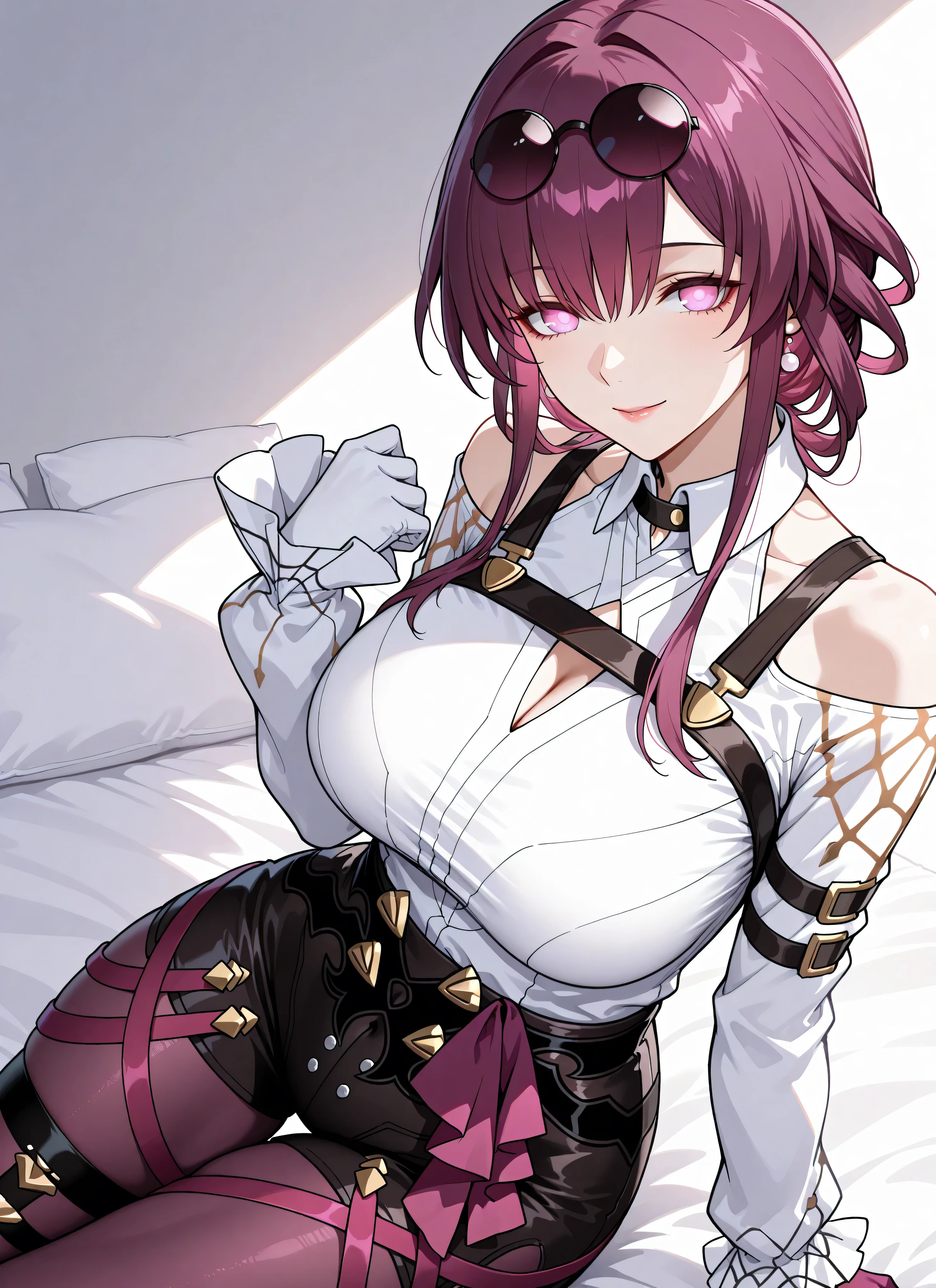 1girl, aaichika, tiara, bridal veil, necklace, cleavage, wedding dress, strapless dress, white dress, white gloves, elbow gloves, from below, skirt lift, white panties and sexy stockings, bare legs,, masterpiece, best quality, highly detailed, mei mei, long hair, very long hair, braid, (hair over one eye:1.5), braided ponytail, one eye covered, braided bangs, (purple eyes:1.1), Purple lipstick on the lips