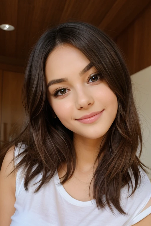 Girl with brown hair and brown eyes inside room