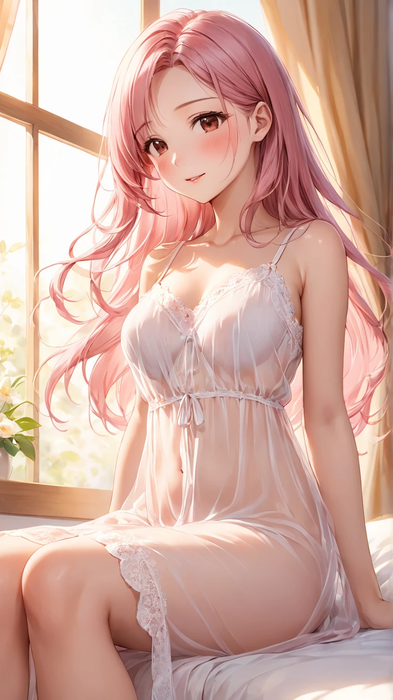 Beautiful girl in a flowered camisole embarrassed by being seen semi-naked in a room, anime girl, big rounds breasts, (pink camisole with short sleeves and lace, aqua panties), full of sweat, flirty panties, dark brown hair, pink gradient bangs, shoulder-length bangs, long hair, wavy hair, swept bangs, shiny hair, red hairband, aqua eyes, glowing eyes, pupils sparkling, embarrassed, blush, tongue, open mouth, flustered, upper teeth, beautiful thighs, thin legs, small waist, perfect body, high detail, anime, chiaroscuro, dithering, outside border, three-quarter view, from below, perspective, panorama, Wide-Angle, f/1.8, 85mm, Sony FE, 8k, super detail, UHD, retina, masterpiece, accurate, anatomically correct, textured skin, highres, best quality, 16k,