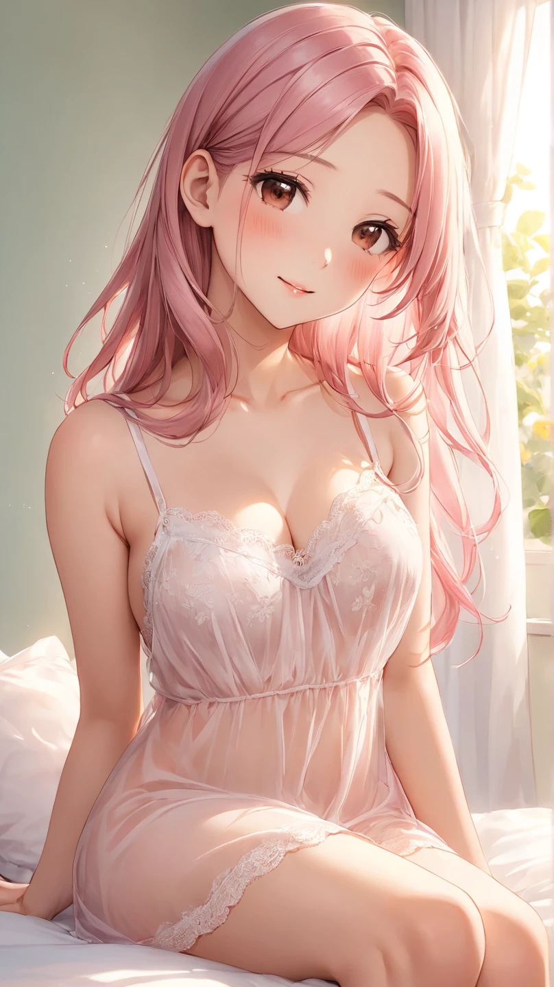 Best Quality,High resolution,8k,finelity detailed background,Masterpiece:1.2),beautiful girl,Shiny pink hair,crossed bangs,Beautiful pink eyes,Gentle look,A refreshing look,Smiling Kindly,Best quality,Best Quality,Aesthetic and aesthetic:1.2,Best details((Super detailed))(High-definition CG illustrations),Grey underwear, (dark gray,intricate lace),Slender body,night,moon,Bedroom,On the bed,smile,blush,cute,Scrounge,Looking up,Being spoiled,super model,wariza,shoot from,side