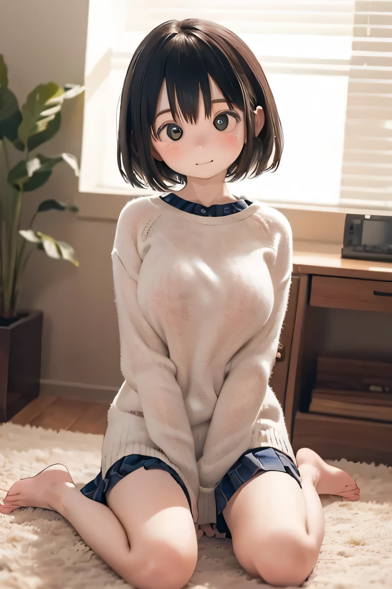 ultra-quality, ultla highres, Hyper Detailed, High contrast, superfine illustration, creative refinement, ssmile,White panties, Show panties,livingroom, A snug-fitting sweater