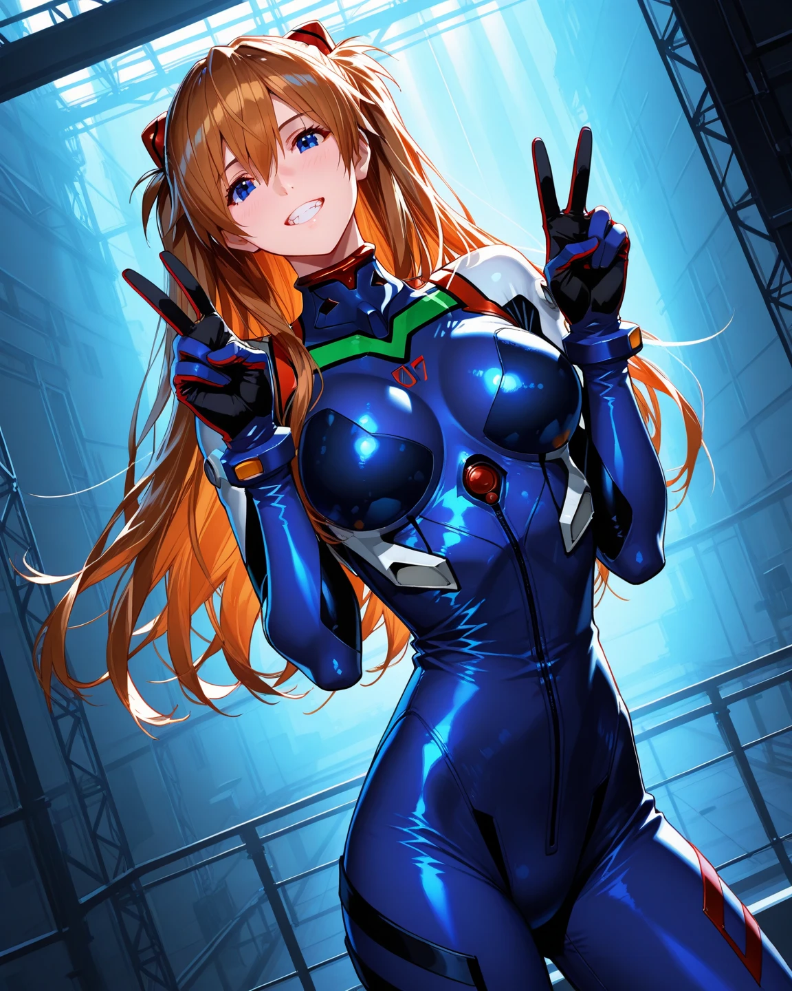 highest quality、Nice sexy body、One Woman、(solo)、((Beautiful busty woman:1.6))、(Woman with dark red hair:1.3)、Long hair woman、Woman with ponytail、((A woman wearing a light blue cyber suit leotard))、smile、Inside the spaceship