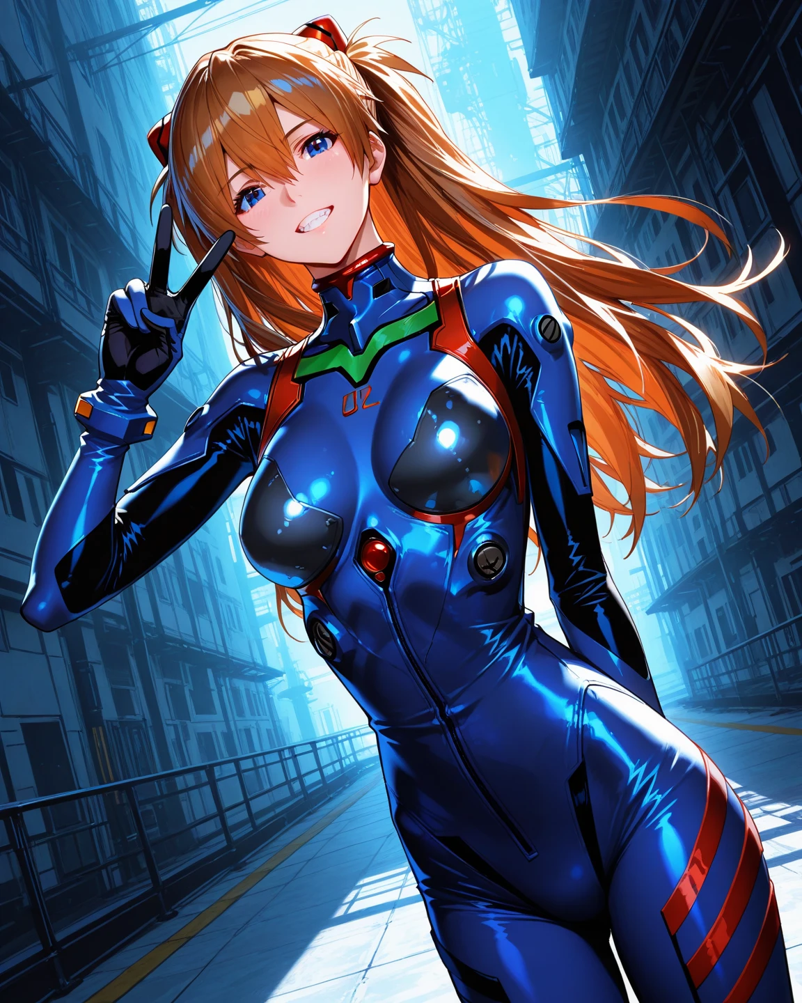 full body real - Live - action adaptation of a 3d character of Asuka Langley Soryu in a sexy plugsuit, charming face, NeonGenesis Evangelion cool expression. blush, breasts, looking at the viewer, smile, masterpiece, The best quality, anatomically correct, big breasts, perfect body
