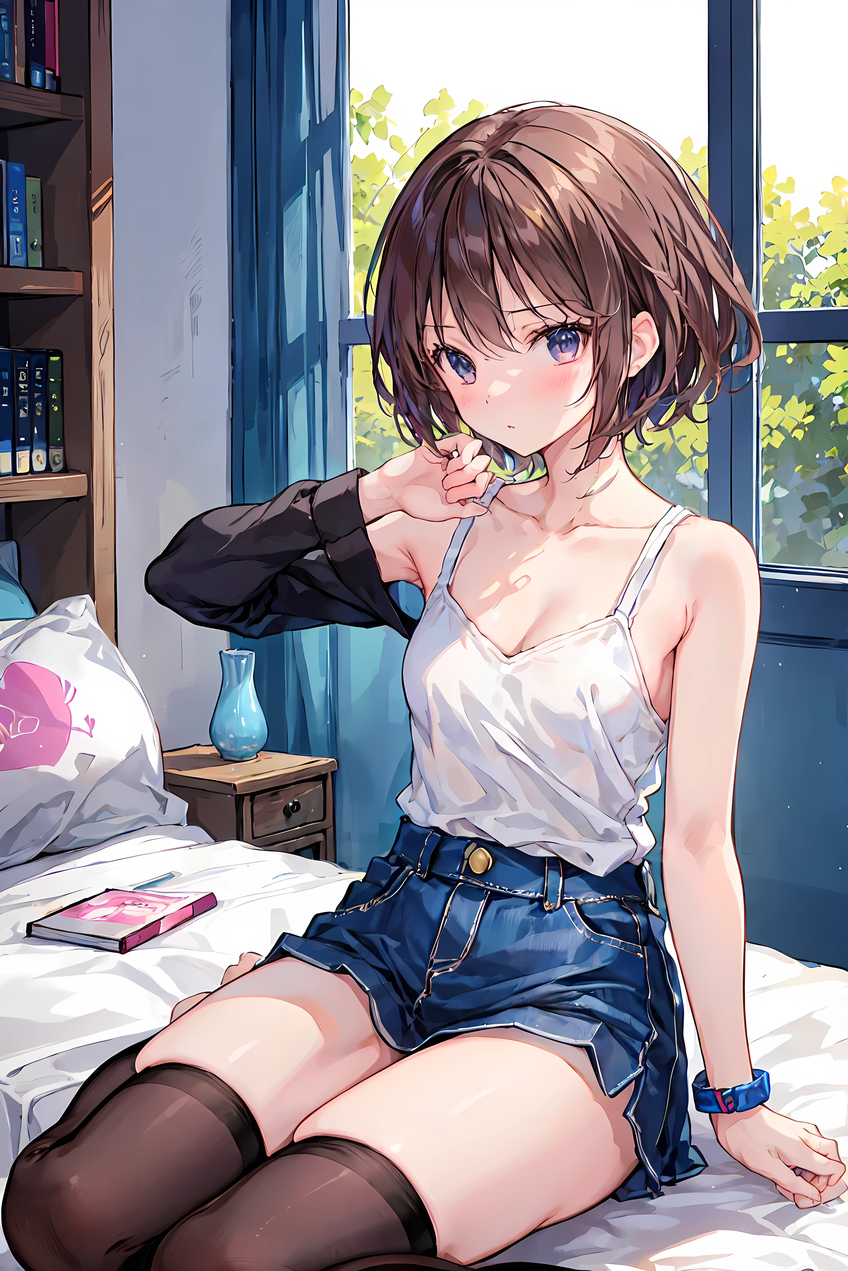 How to sit a girl,Written boundary depth, Delicate eyes, Distinctive nose bridge,Fine skin、Smooth、Perfect beauty、Small breasts、thin,((Natural style)),Brown Hair、Truly beautiful、Beautiful profile,Perfect Style,Ahegao,((Boyish clothes)),Shortcuts,Western-style room,On the bed,Lighting is dim,My face turned red,Don'Do not fold your hands,Legs do not cross,((Kiss between girls)),((Embrace and kiss deeply))、((Kiss the Eyes)),((Girly clothes)),((Natural posture))
