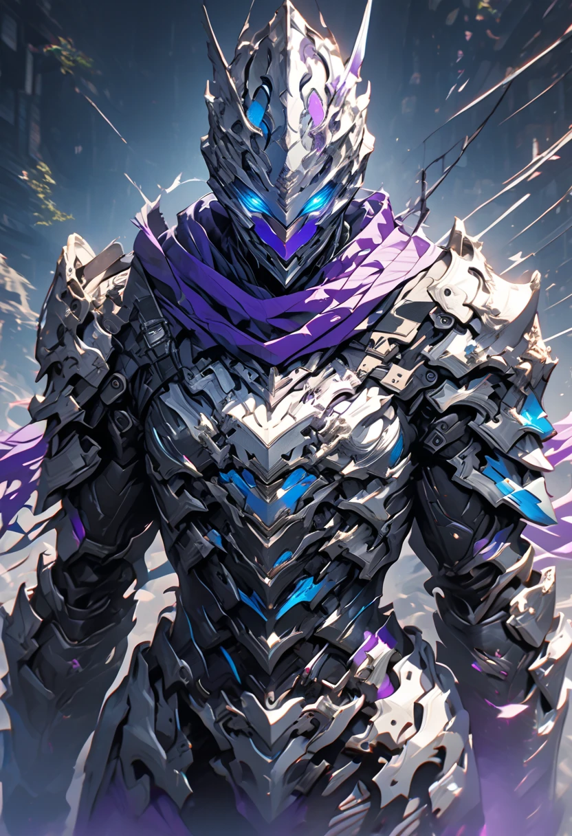 Make an image of the armor with a white base color and black accents on some parts of the body, in the stripes in bright purple, in the eyes are bright blue, and then it is armor that no one has worn yet