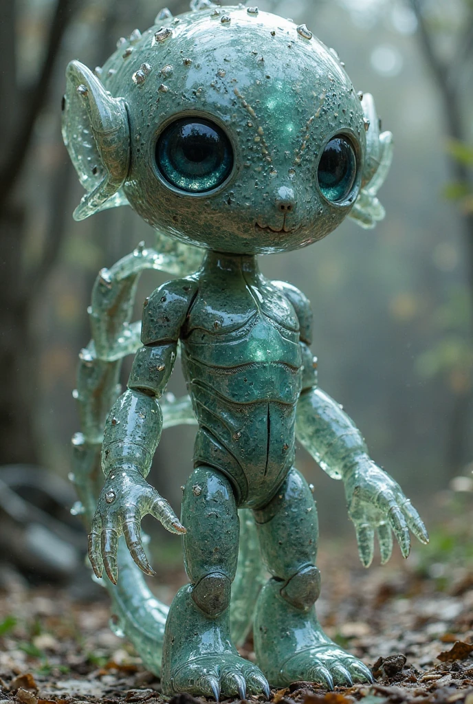 Alien-themed greenhouse with huge cute flower monster made of colored glass and forks with a core in the form of an eye drinking water from a bucket, at night, dark light, light green glowing, <lora:GCXL_v4:1>, Extraterrestrial, cosmic, otherworldly, mysterious, sci-fi, highly detailed