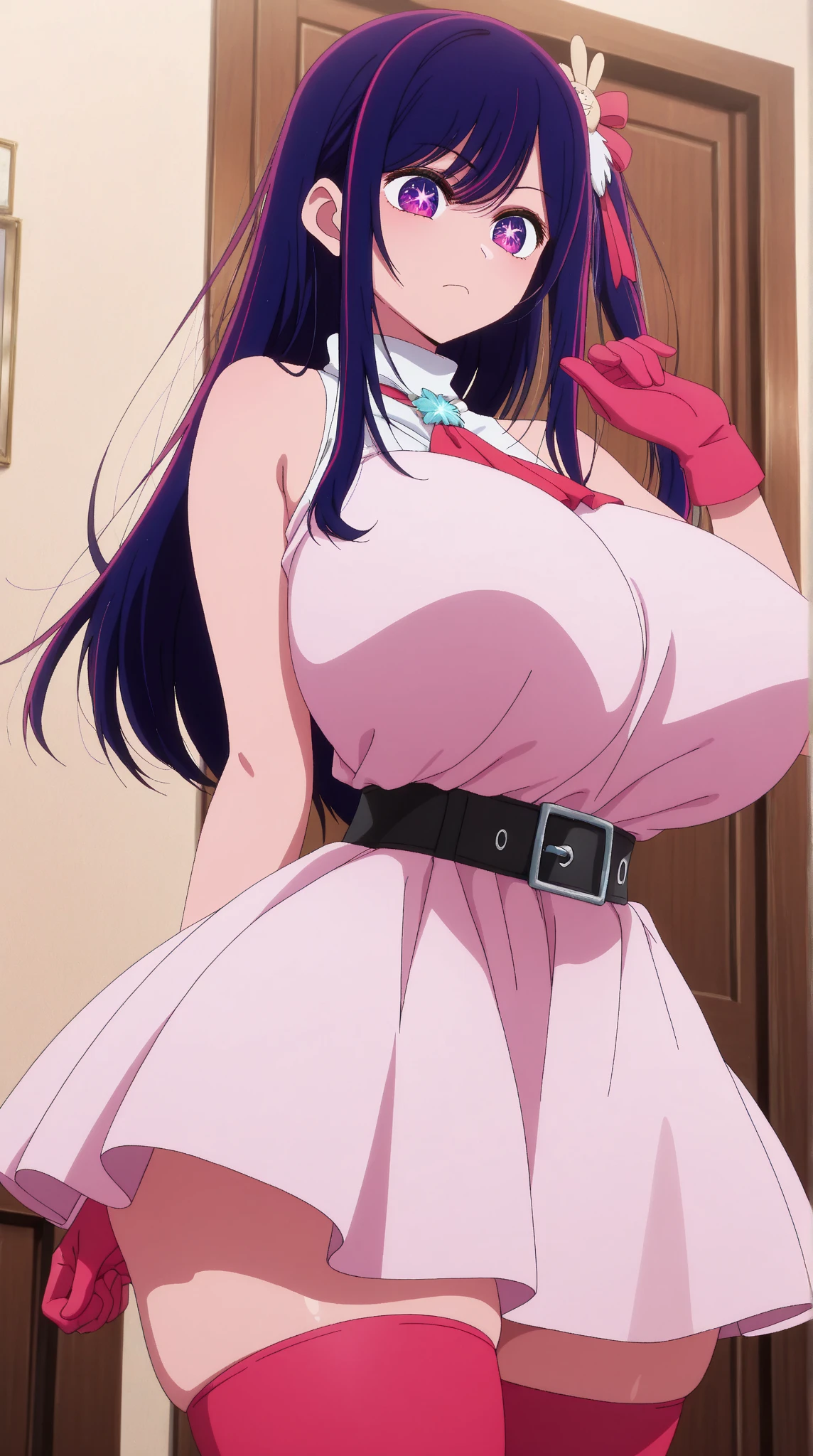 masterpiece, highest quality, Jaki V4, 1 girl, alone, long hair, looking at the viewer, smile, slight smile, skirt, cleavage, jewelry, indoors, miniskirt, necklace, white clothes, sexy pose,(gigantic chest:1.2),open your mouth,lure