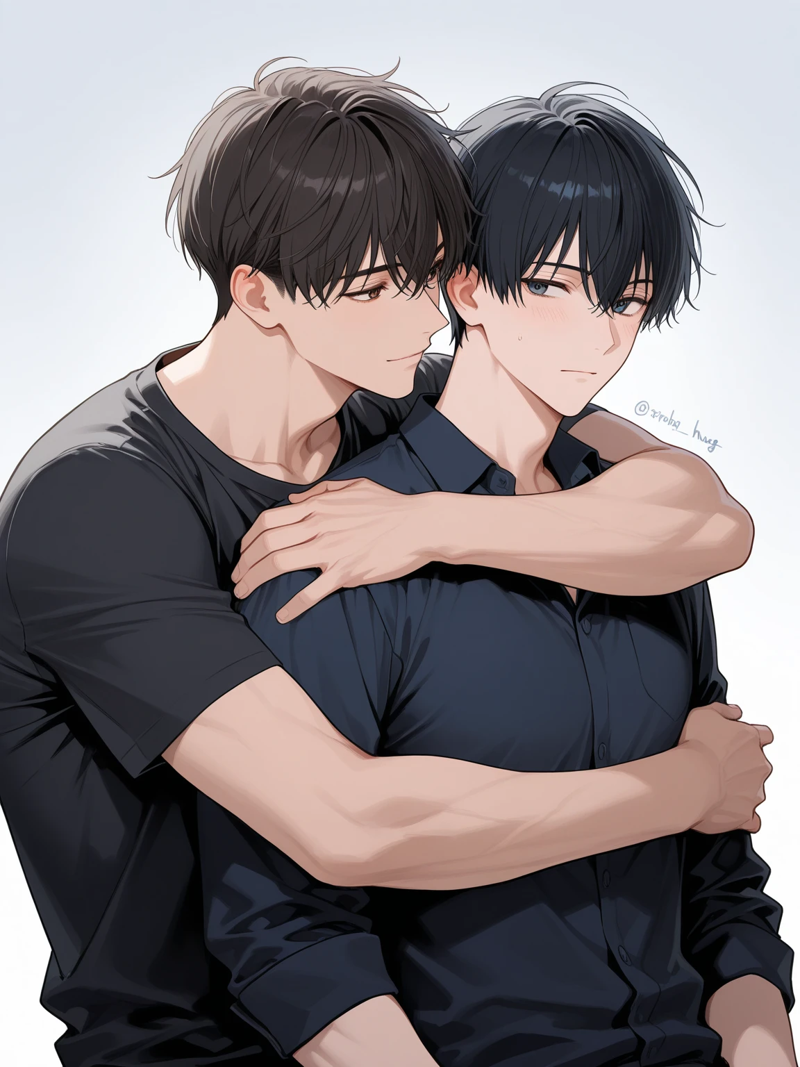A guy and a pre teen boy,talking, indoors, (masterpiece, best quality, absurdities), school, classroom, sportswear, looking at each other, light blush,