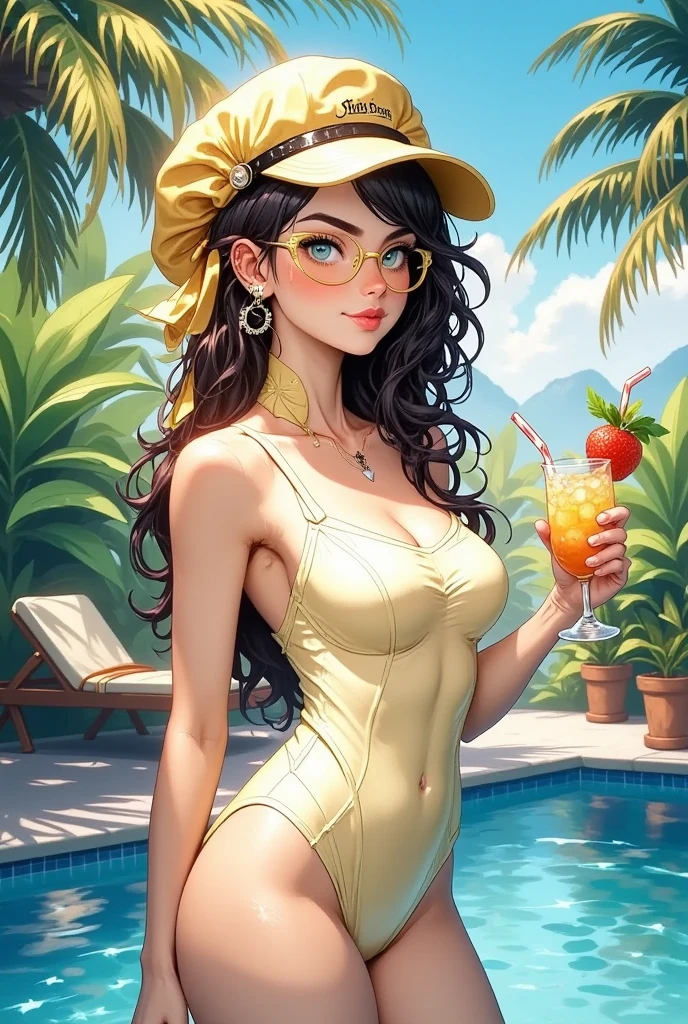 dappled sunlight,jewelry,sweatdrop,hein \(animehyein\),nail polish,hat,medium breasts,sunlight,white headwear,green eyes,breasts,yellow bikini,cup,disposable cup,collarbone,brown hair,bikini,holding drink,earrings,wavy hair