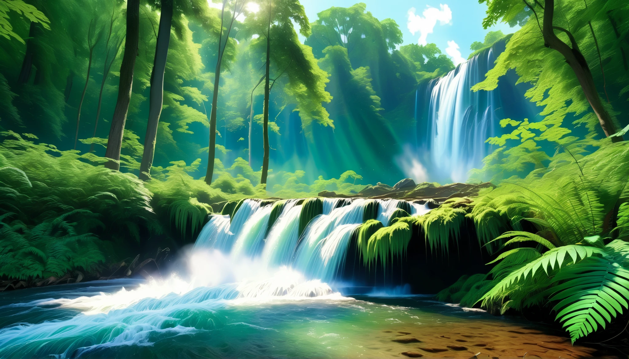 (Clear Stream Splash:1.5),(in the forest You can see multiple beautiful, mysterious, and large waterfalls:1.5),(realistic expression:1.5),(Super Realism:1.5),