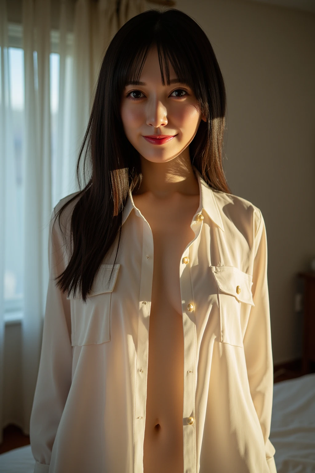 1 girl, at home, sexy girl with brown eyes, long black hair, , (masterpiece), (best quality), (super detailed), (best shadow), super high resolution, (realistic:1.4), (very oversized shirt, button shirt, open shirt)), (men's shirt, transparency: 1.5), no bra, collarbone, no panties, (big: 1.2), looking at the audience, light smile, upper body, makeup, wavy rolls,