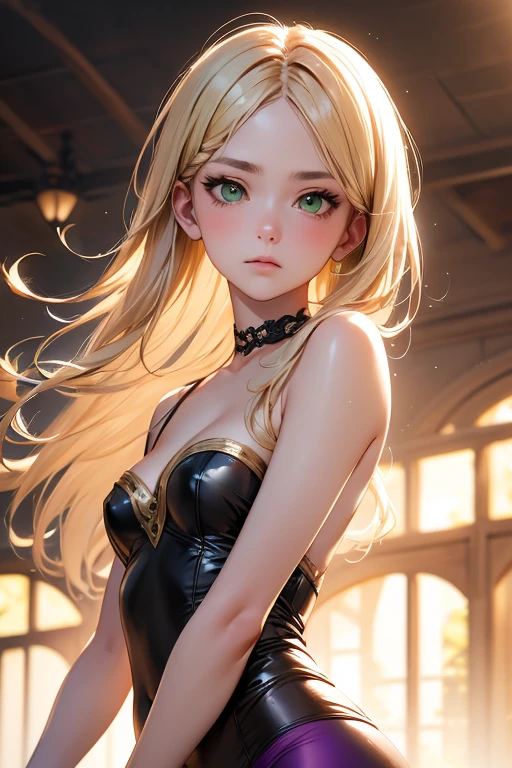 (best quality), 1girl, female, porcelain skin, blonde hair, straight hair, medium hair, swoopy tips, Flipped-up ends, brown eyes, perfect eyes, skinny body, , tight black dress, small bust, blush, masterpiece, anatomically correct, highres