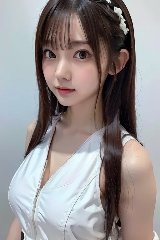 (top-quality、8K、32K、​masterpiece、nffsw:1.2)、(Raw photography)、(realisitic)、(Photorealsitic:1.2)、(hight resolution)、ultra-detailliert、extremely beautiful face and eyes、1girl in、round small face、big breasts thin waist、Delicate body、(a closeup、top-quality、high detailing、rich skin detail、nffsw)、(Best Quality、8K、oilpaint:1.2)、Ultra-detailed、(Realistic、Photorealistic:1.37)、Vibrant colors、(((cheeks are flushed)))、(((Female face)))、(((White underwear)))、(((bra with ribbon)))、(((Bewitching atmosphere)))、(((A smile)))、(((bustshot)))、(((white backgrounid)))、((lob  hair))、(((Pure white wall background)))、(((wearing underwear with a small ribbon)))、(((Pure white wall background)))、(((Bra with frills)))