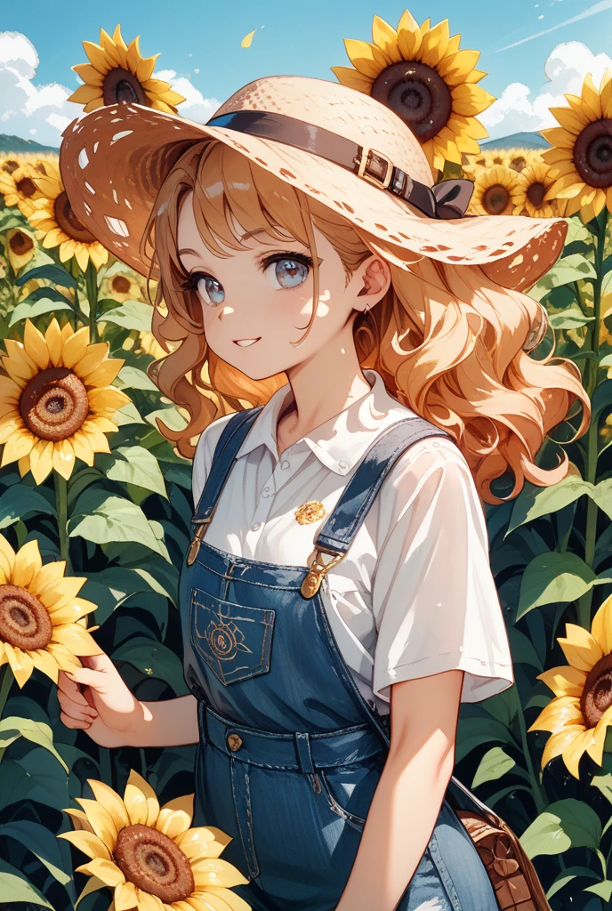 high quality, details, young girl in dungarees, garden, naked body, visible breasts, smiling, sunny weather
