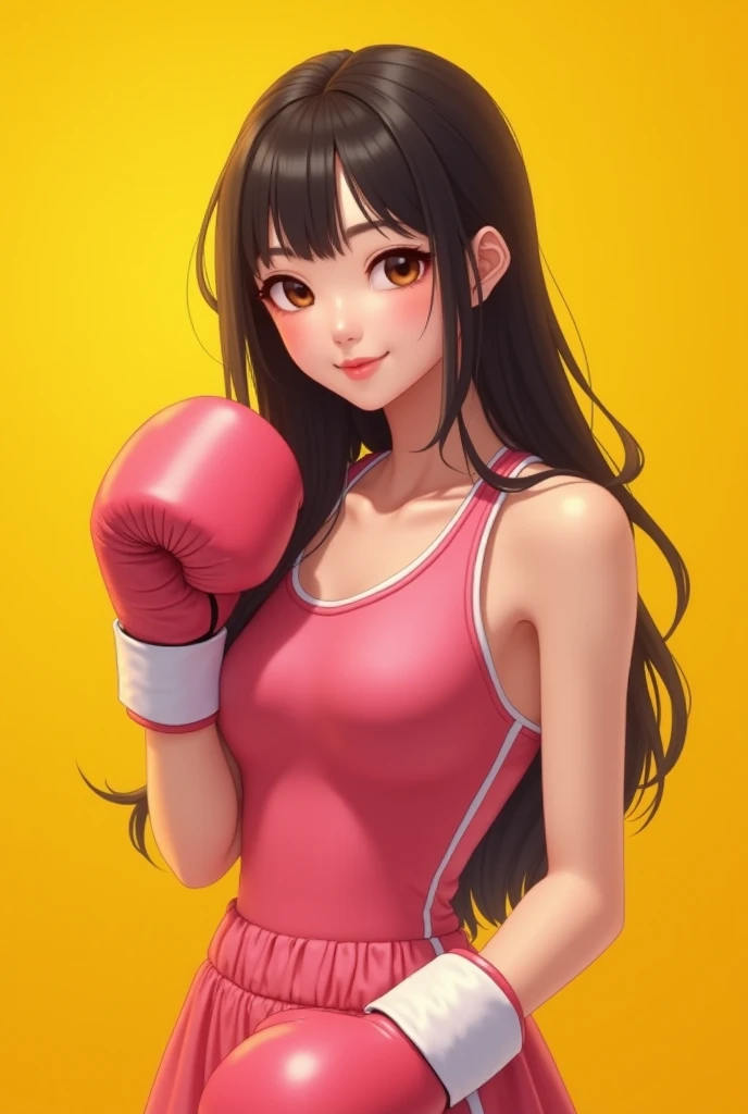 Boxer chica negra. brown skin. Light brown hair ponytail. labio rosado. Una sonrisa confiada. Lleva guantes de boxeo rosas.. Llevo un sujetador deportivo rosa. Labios gruesos y sexys. Maquillaje llamativo. Guantes de boxeo bien formados. Dos mujeres. Una con gafas, besar a una mujer. El fondo es el vestuario de un gimnasio de boxeo..