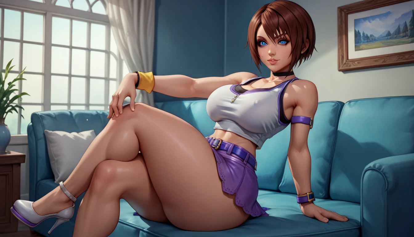Cute girl, huge breasts, white thin tight outfit, thin legs, spread legs, on a white mat, Asuka Kazama, Asuka Kazama