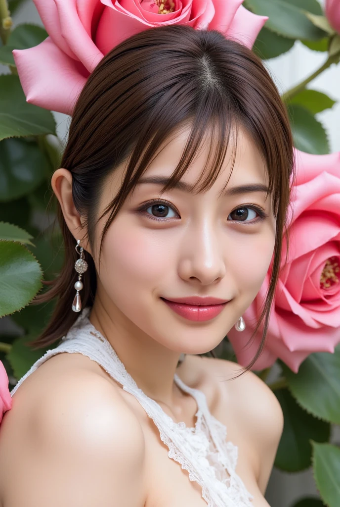 Daytime、garden、petals dancing in the wind、A beautiful woman in her twenties, realistically drawn down to the finest details of her skin, Nostalgic mood and beautiful skin、Wet Skin、smile