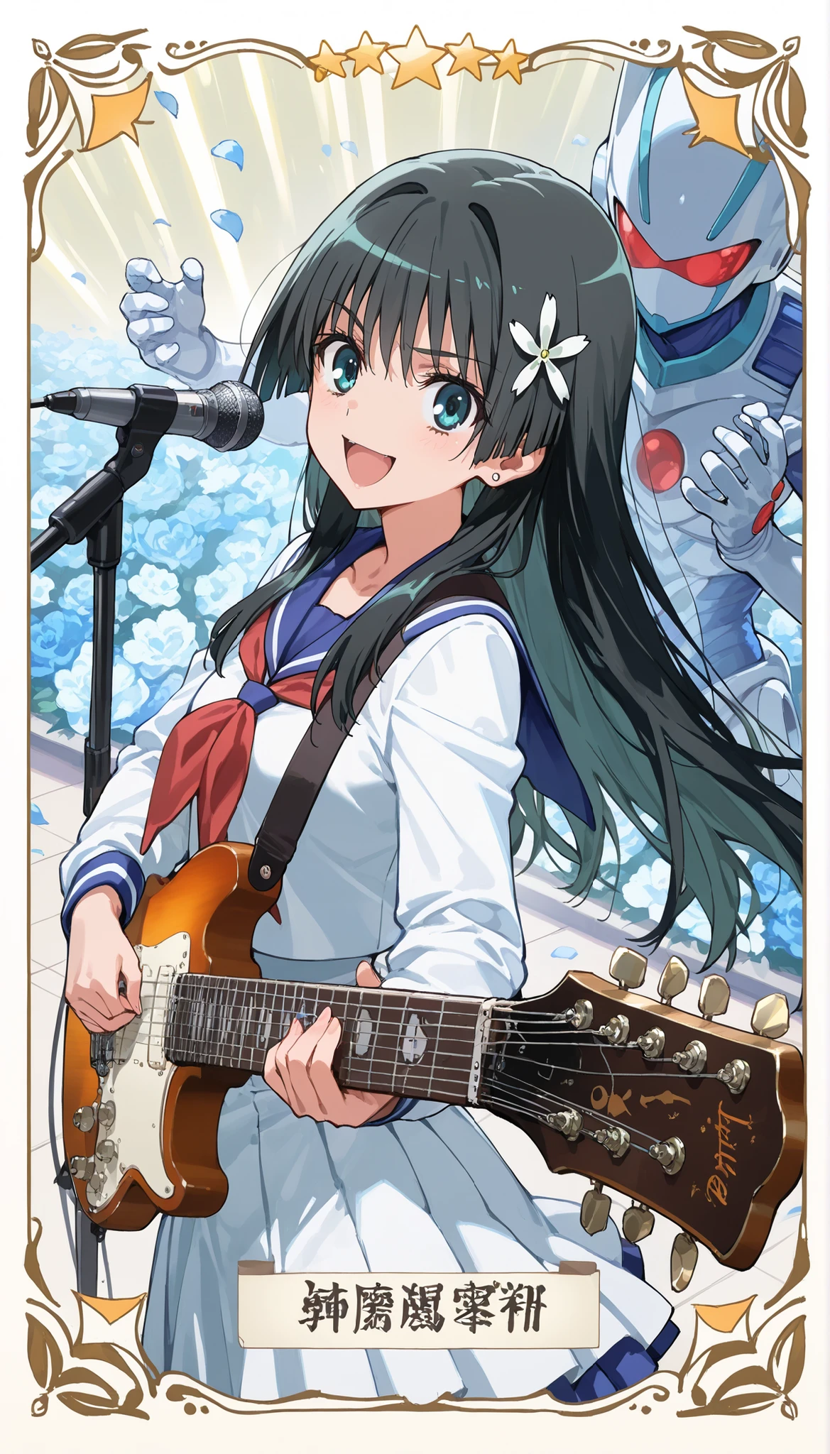 (beautiful girl : 1.3),1 girl on break day,(Saten Ruiko, black hair, long hair),(sailor suit,long sleeve,ear skirt,earrings),embarrassing,shout,stand,playing electric guitar,microphone stand,School cultural festival,dancing in the style of an old live venue flower petals,masterpiece,Highest Quality,Rich Contrast,high image quality,8k,high-definition CG unit wallpaper,texture,unbelievably absurd, RAW Photo ,deep border 1 .2,very well detailed