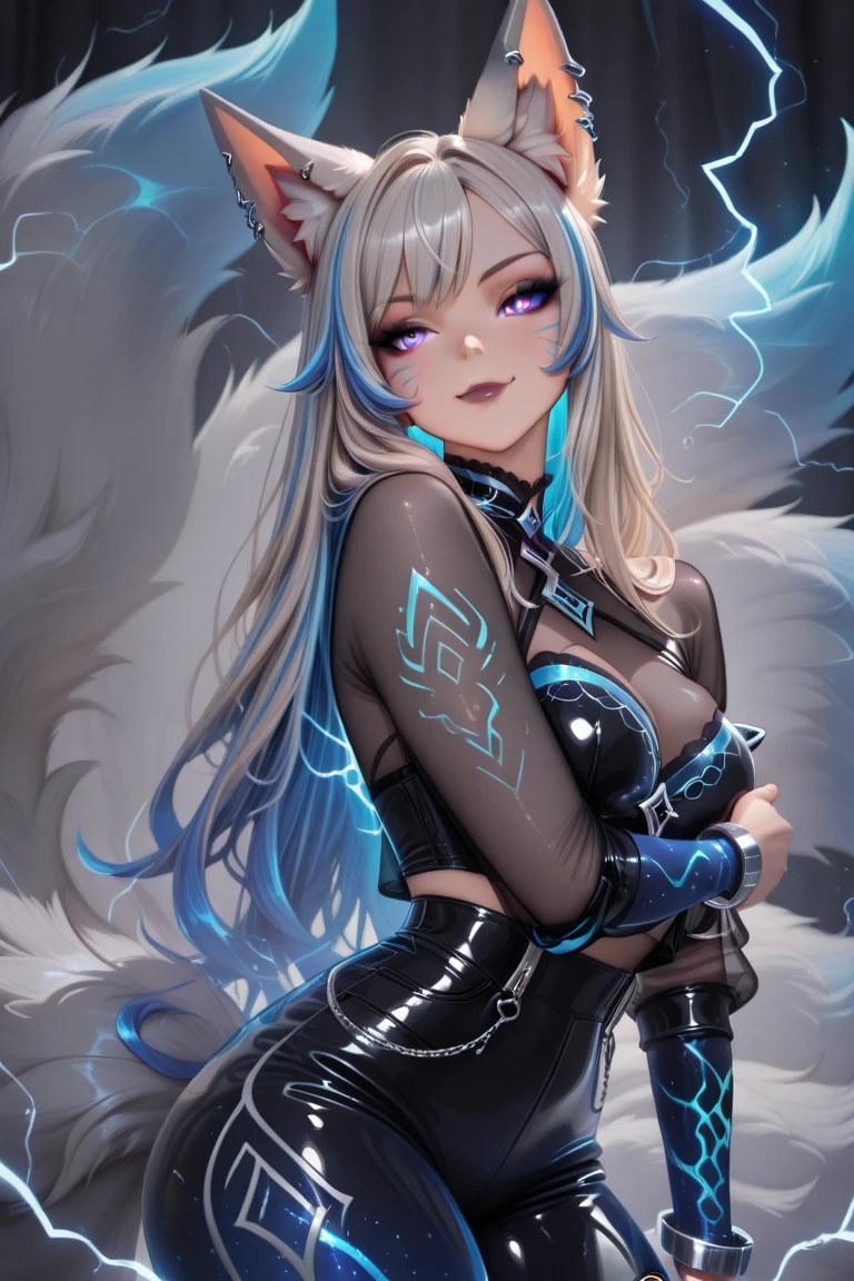 female body wolf, purple fur, long silver claws, arms outstretched, howl humain face, black skin, pink eyes, pink lips, prominent silver canine --auto --s2