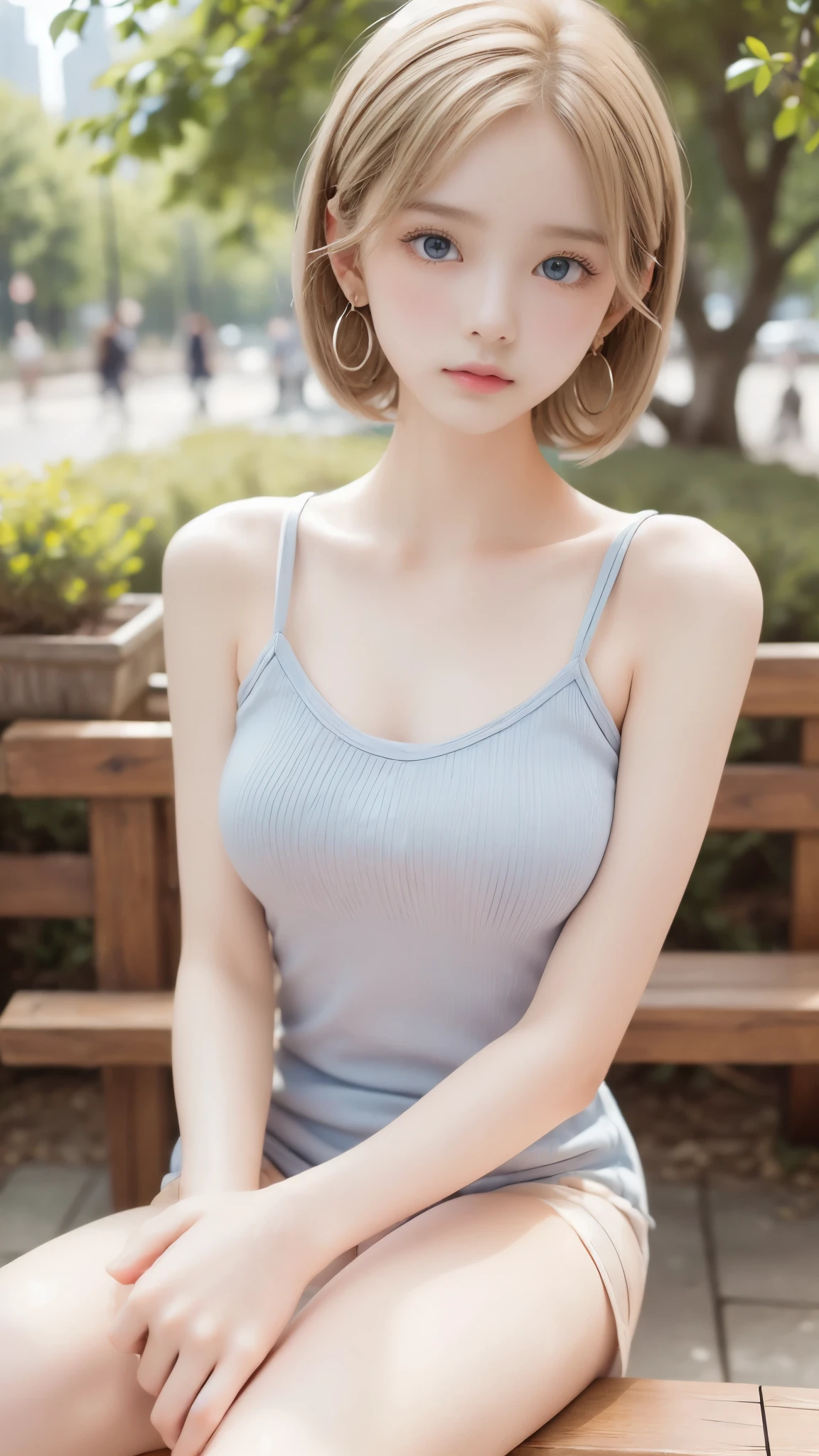 ((software: 1.4)), ((detailed face, professional photography with high resolution raw color photos)), ((software, Extra Short Hair, Side Lock - Hair, blond hair, is big, clear sky blue eyes, earrings, 1 girl on break day)), Ultra High Definition, (realistic: 1.4), RAW photos , Highest Quality, (Photorealistic Stick), concentrated, Soft light, (()), (( (young face))), (surface), (depth of field), masterpiece, (realistic), female, bungs, ((1 girl on break day)), (detailed hands:1.3, perfect right hand:1.3), ( detailed legs:1.3, thin thighs, beautiful feet)