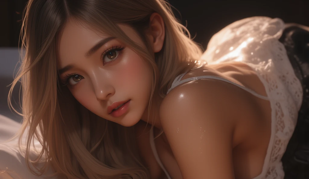 (8k, RAW photo, photorealistic:1.25) ,( lipgloss, eyelashes, gloss-face, glossy skin, best quality, ultra highres, depth of field, chromatic aberration, caustics, Broad lighting, natural shading,Kpop idol) looking at viewer with a serene and goddess-like happiness,