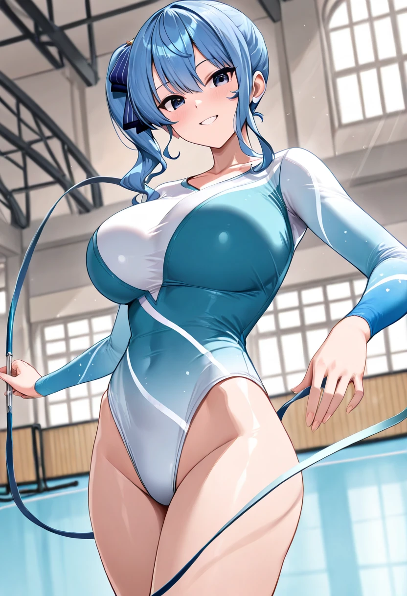 nsfw:1.2,expensivequality illustration, masterpiece, Very delicate and beautiful, Attractive girl,(Gymnastics leotard,Tight leotard,length_Leotard with sleeves,expensive_Leg leotard,athletic leotard),Purple ears,Short here, Audience reaction,thin,Huge Breasts:1.2,expensive school,Gym,Gymnastics Club,((Nipple protrusions:1.4、Long nipples))、The crotch area is damp:1.5、cameltoe、standing split、((Overflowing Sex Fluids:1.5))