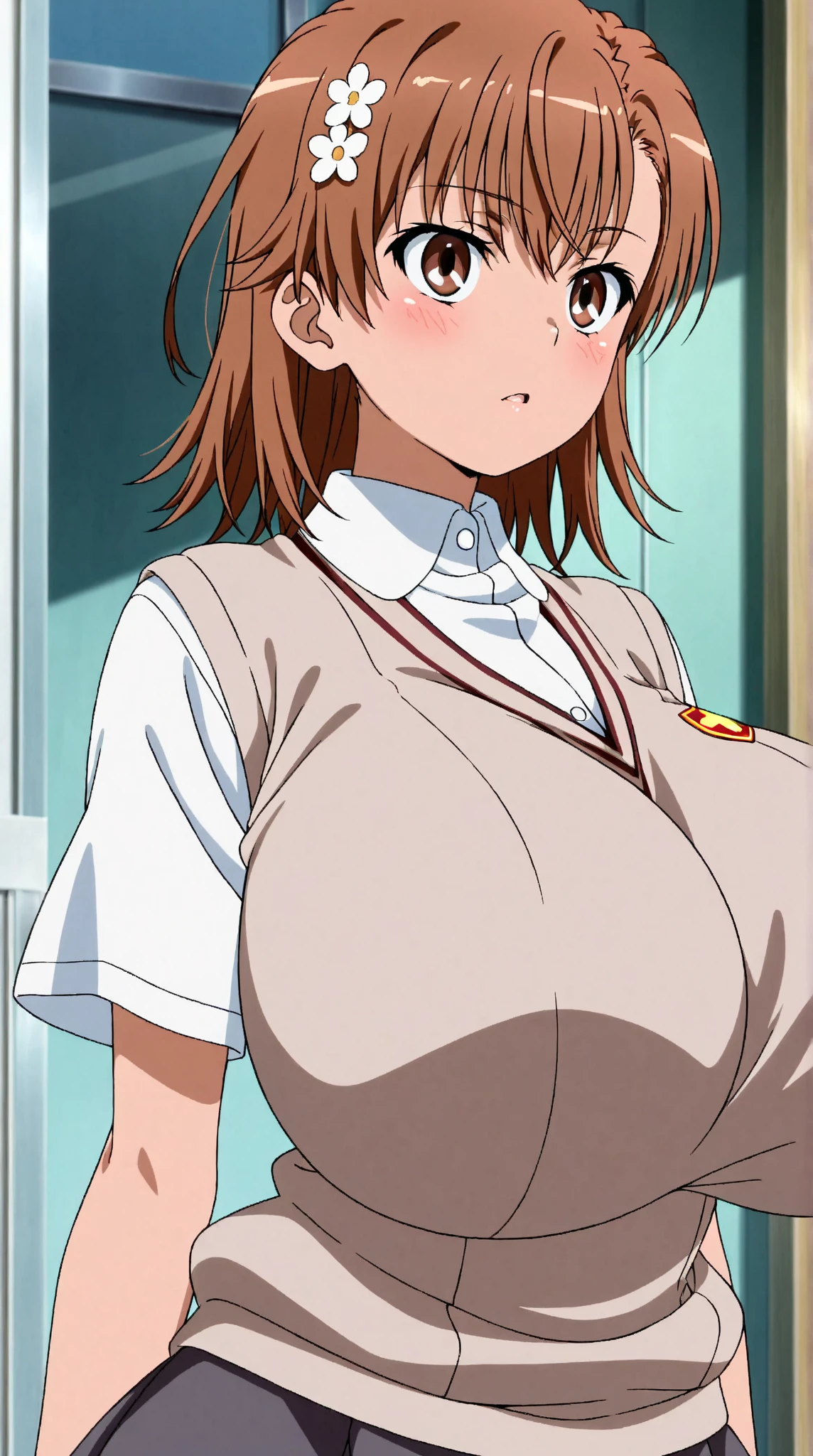 (masterpiece, top-quality, hight resolution:1.22), (anime screencap,1.5, anime-keyvisual), (ultra_detailed, 4k, UHD:1.2), (photorealistic, pixiv:1.3), the perfect body, NSFW, miyoshi kaya, KizukiAi, light brown hair, high ponytail, orange eyes, parted bangs, forehead, 1girl, solo, closed mouth, blush, (sagging huge breast:1.5, Breasts Apart), (slim, hands up, navel), (dress shirt, open clothes:1.5), (on back, sleepy), (upper body:1.5, on bed), (perfect detailed anatomy:1.5, beautiful detailed face, beautiful detailed eyes, beautiful skin, perfect detailed arms:1.5),
