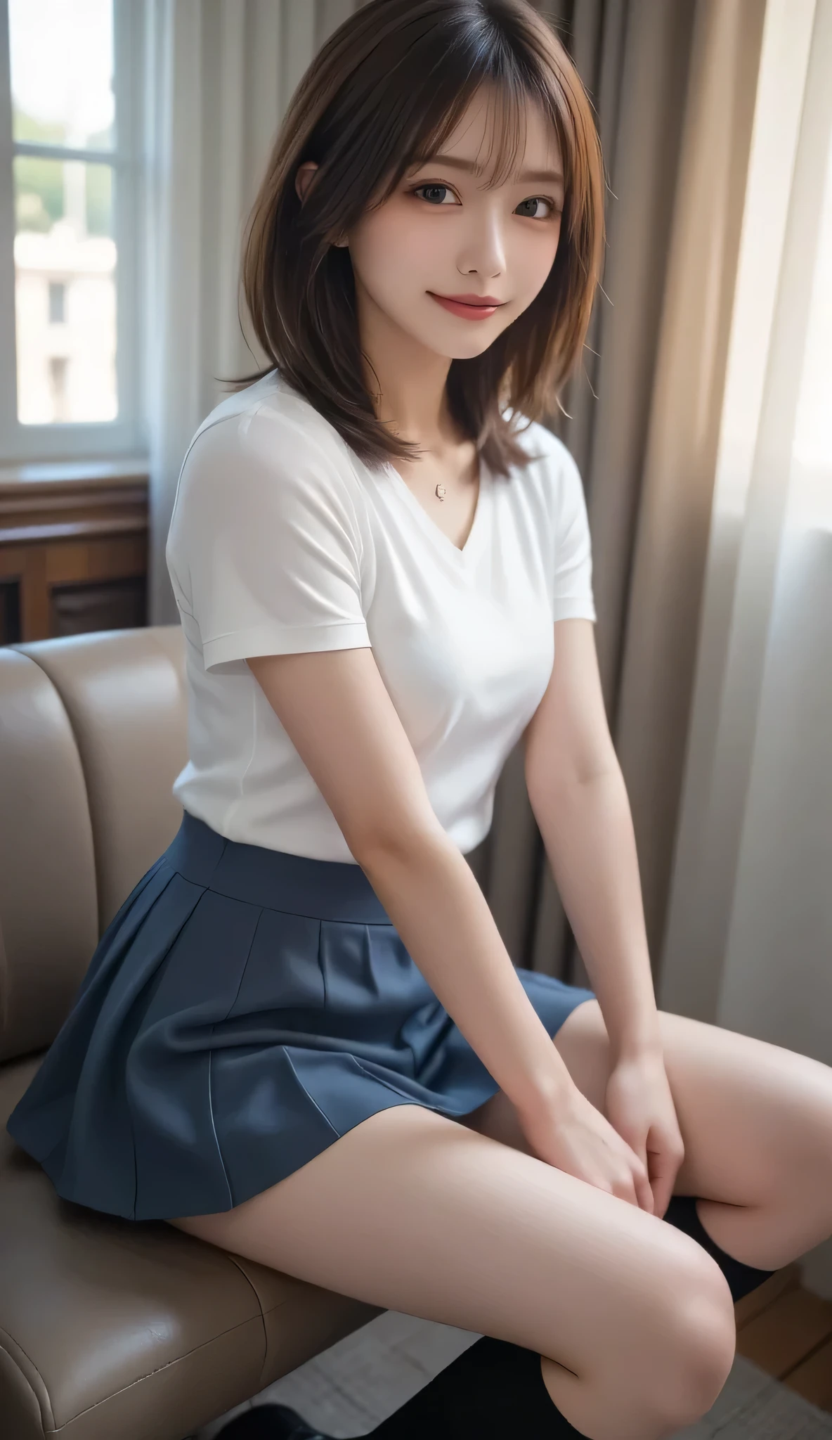 {Highest quality}、{so beautiful}、{Highest quality}、{Best illustrations}、super high quality、Japanese Girls1people々、Casual clothing、Not wearing underwear、Ultra mini skirt、Not wearing panties、Attractive thighs、Both legsMWide open letters、Open your chest wide、Face of joy、Small breasts、smile、No underwear、No pants、Sitting