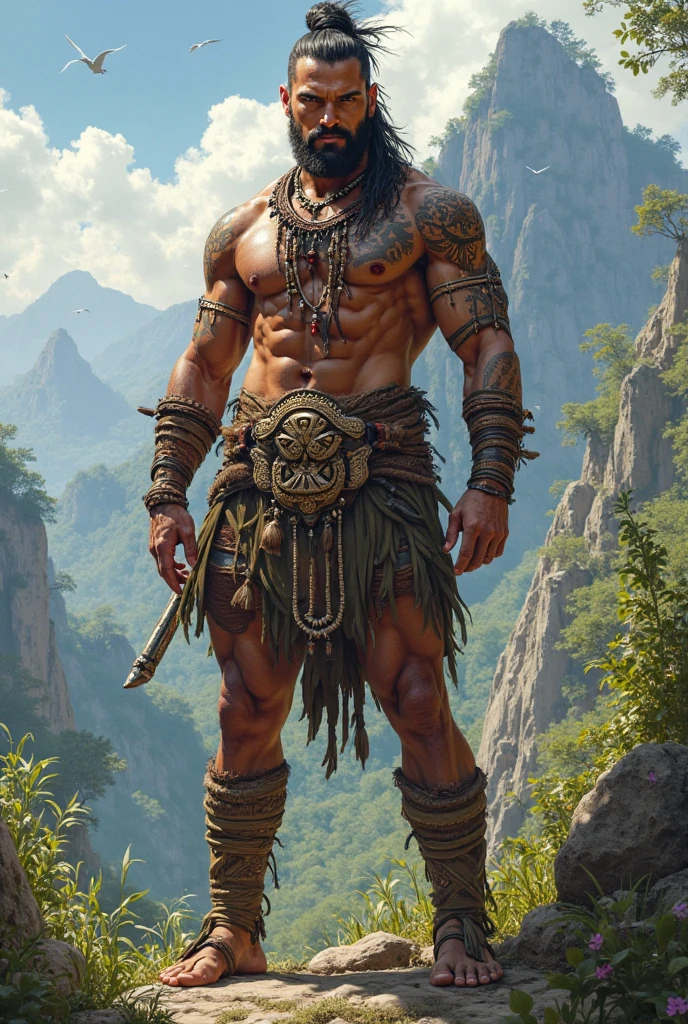 I want to see an indigenous person with a short sword, a long sword and a bow and war marks.