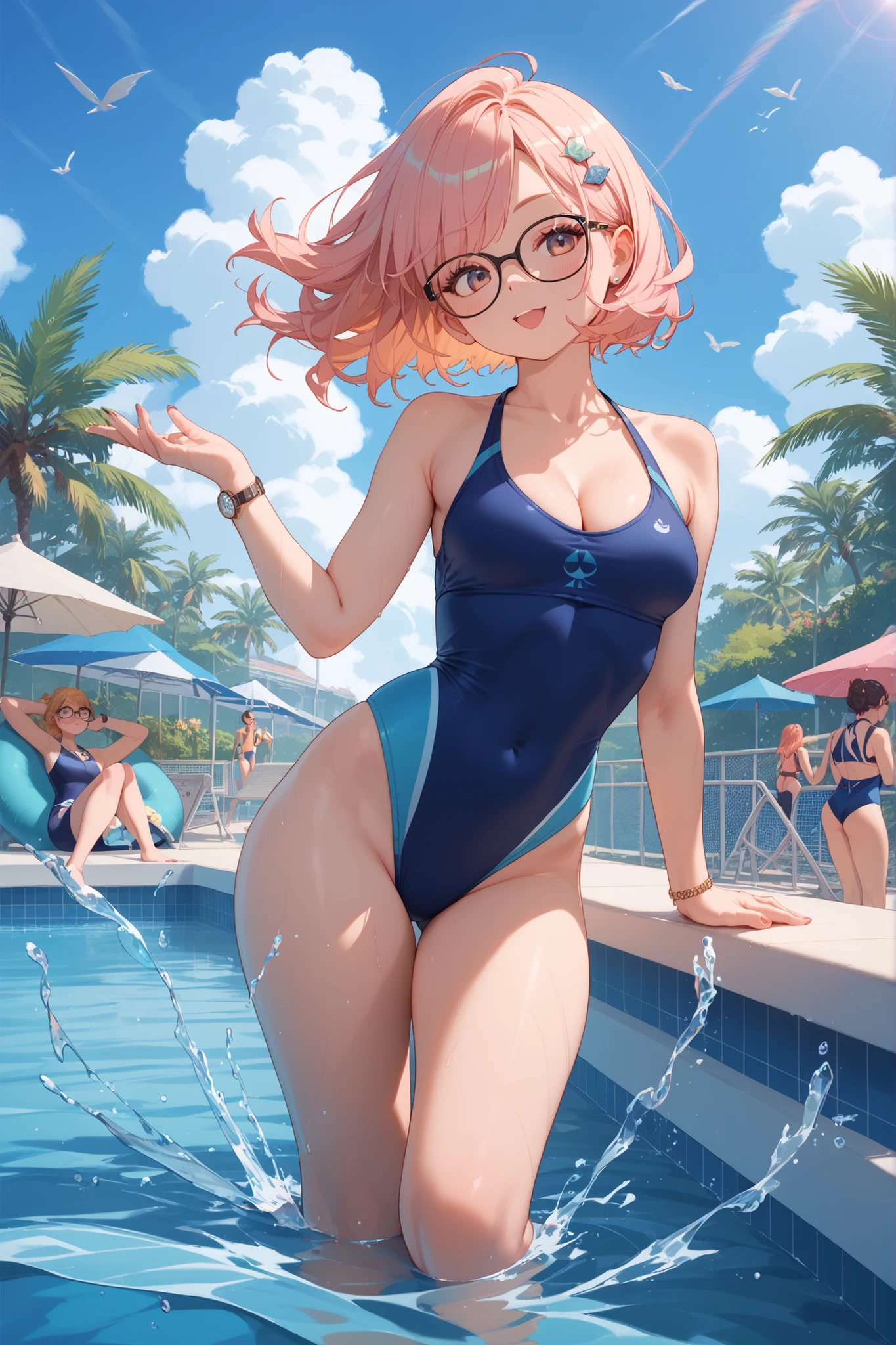 (masterpiece, best quality:1.2), cowboy shot, (solo):1.5, (1girl):1.5, glasses, long fluffy pink hair, chubby, slight smile, (elegant swimsuit in a pool), stomach, navel exposed, large breasts, breasts niples, cameltoe