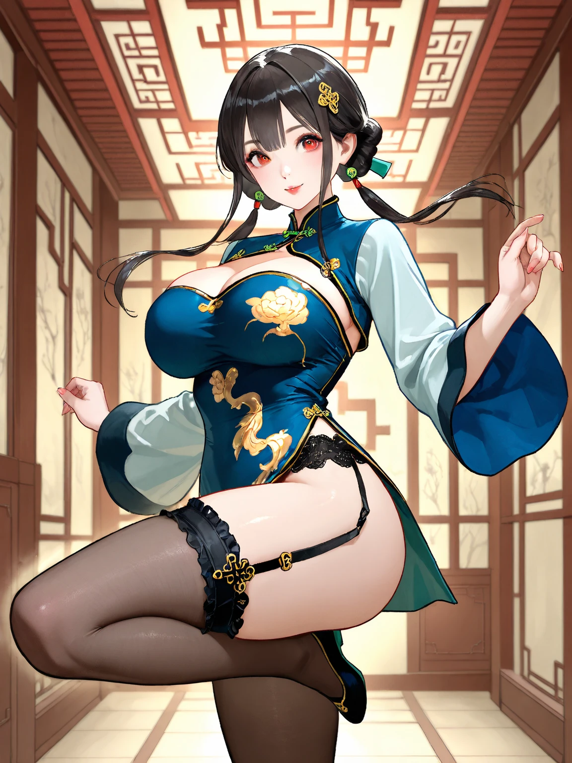 green cheongsam、black hair、Kenpo stance、big breasts、I like the style