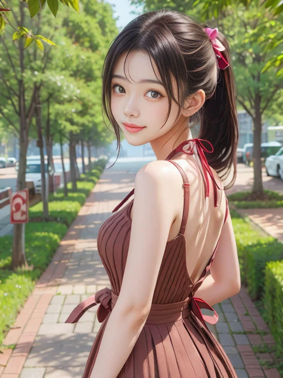 ((Park fountain:1.3)), (8k, RAW Photos, Highest quality, masterpiece:1.2), (Bun twin tail), alone, Looking at the audience, Viewed from the front, ((性欲が強いhigh school girl:1.3))、Beautiful white skin, knees, Absurd face is small, Part your bangs down the middle, The forehead is visible, Glare, ((Cute mischievous face:1.3)), Ultra-high resolution, cute, (Slender body line), Outstanding proportions, ((Smooth red knit dress:1.2)), high school girl, (Baby Face:1.5), Japanese women, Are standing, (Photorealistic:1.37), Photon Mapping, Realistic, cute顔が小さい, Brown eyes, prospect, Written boundary depth, Blurred Background, (I can see the bangs), Silky smooth hair, (Beautiful thin thighs:1.2), (Small beautiful butt:1.2), thigh, Nogizaka idol, Idol, (Detailed hands:1.3, Accurate hands:1.3, Beautiful little hands of a girl:1.3), (Small small breasts:1.3, Chest cutout:1.3), Super quality, Low people, (Clear white skin, Skin with visible pores:1.2), (Focus on the face), Check and correct the garment construction, (Perfect Anatomy:1.3), (Detailed eyes and face:1.3, Professional photography techniques), ((Mischievous gestures:1.2)), ((Skirt Lift:1.2))