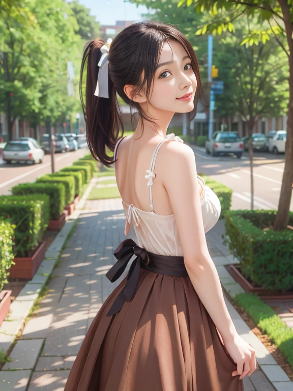 ​masterpiece, top-quality, 超A high resolution, 1girl in, (Photorealsitic:1.5), natural soft light, erfect artwork, portraitures, Beautiful fece, Detailed puffy eyes, tiny chest, 年轻, A detailed eye, curlyhair, cabelos preto e longos,High Up Ponytail,Large ribbon at ponytail, cute little, adolable, striated hair, (aegyo sal:1), A smile, a necklace, full body Esbian, is standing, Kpop Idol, Teen, japanes, 15yo student, springtime, naturey, red blush, middle school girl, is standing, ((Sakura)) The tree, florals, grass field、See-through camisole,Light pink underwear,Poses in motion,dynamicposes,dynamic ungle