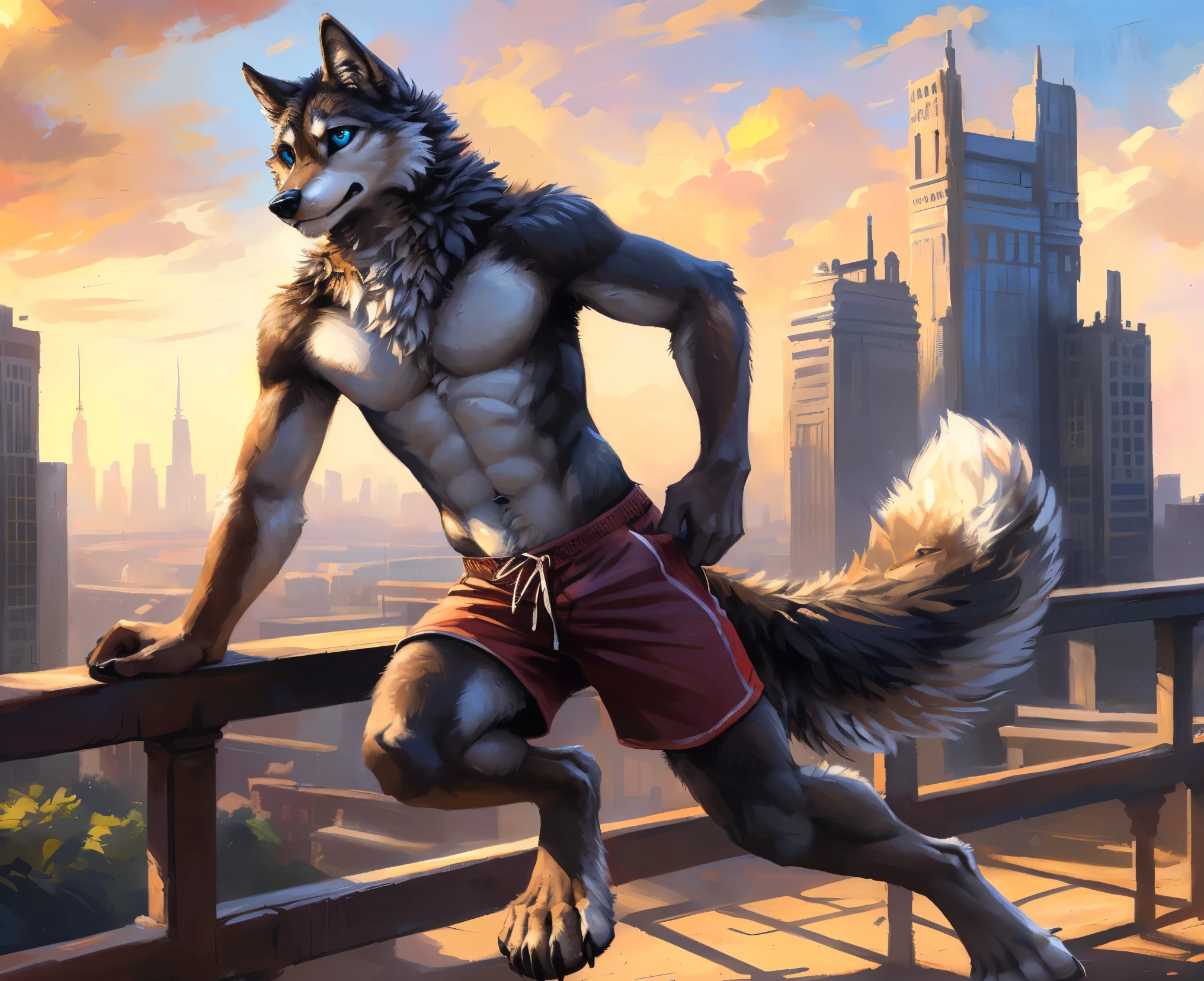 ((Solo)), male people, anthro wolf, (Multi-colored fur, White-brown:1.3，White tail pointed), (Height 2.1m,Tail length 1.2m), ((Wolf face, Big eyes, White eyelids, Blue pupil, Slim:1.2) (Tough, Calm expression:1.2)), Abs, Slim, pinging)), (Correct anatomy), (Work shorts:1.1), The upper body  naked, (detailed outfits),A long big tail，Feet，(Realistic fur, Detailed fur texture, labeled:1.3)), (Natural lighting), Photorealistic, Hyperrealistic, ultradetailed, by Kenket，Modern city，erect through，Running on