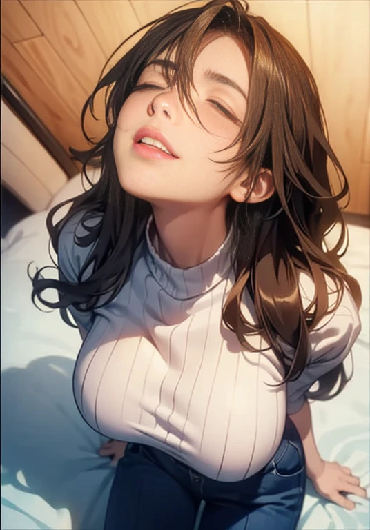 ((Realistic lighting, best qualtiy, 8k, tmasterpiece:1.3)), 1girl, Beautiful Women with Perfect Figure:1.4, Slim abs:1.1, ((dark brown hair)),(exteriors,during night:1.1),lie down on a bed,Ultra-fine face,Fine eyes,double eyelid,Leaks out the entire delicate breast, 40 years old, Japanese lady, wearing office casual and sexy lingerie, show whole body from top to legs, , ((realistic)), Clothes half come undone