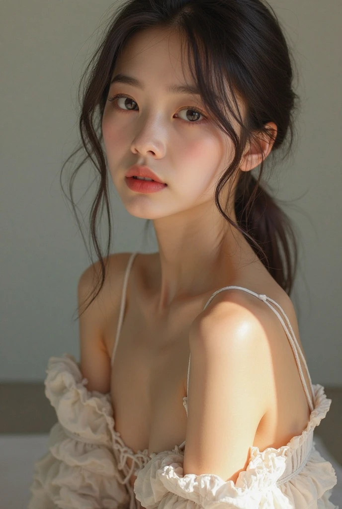 (23 year old Japanese slender beauty), (Small breasts,:1.5,),One person,solo, (masterpiece, High resolution, High detail, Highest quality, Very detailed, Ultra high definition,RAW development), (Textured skin:1.25),(Reality:1.25), ((Ray Tracing,Portrait Photography,)), ((Cinematic light effects,Light from an angle)), ((realism)), ((Surrealism)),8k octane, ((Natural Makeup,Diamond earrings,)), (((Black Hair, Bun Hair, Landscape,mirror,mirrorに写る自分を見る,Peck on the cheek, )))