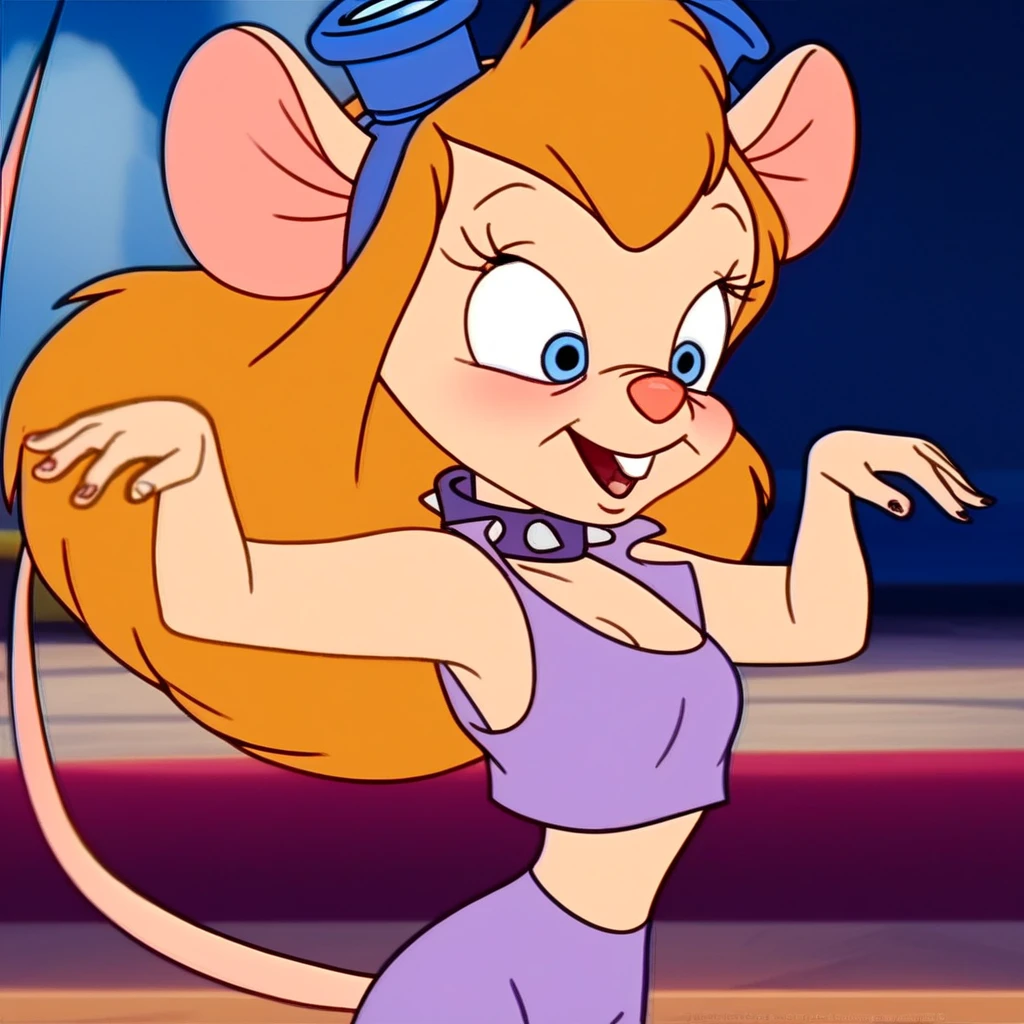goldie, 1girl, bird girl, long hair, blonde hair, solo, elbow gloves, blue eyes, choker, earrings, ponytail, makeup, fur dress, furry,looking at viewer, smile,full body, hand on own hip, on stage, score_9, score_8_up, score_7_up, score_6_up, squatting, spread legs, hand on knees,