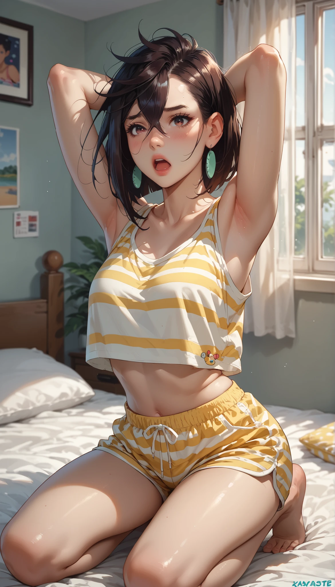 1chica,en su cuarto,room, ((sentada en una cama)),cuarto desordenado,chica de cabello negro ojos azules,viendo al espectador, ((underwear, trick ),sentada ,cuerpo completo, lindo cuerpo,muslos anchos,caderas anchas,small boobs,desnuda,mejor calidad,super detallado,pezones,boca cerrada,mirada avergonzada, sonrojada,nerviosa