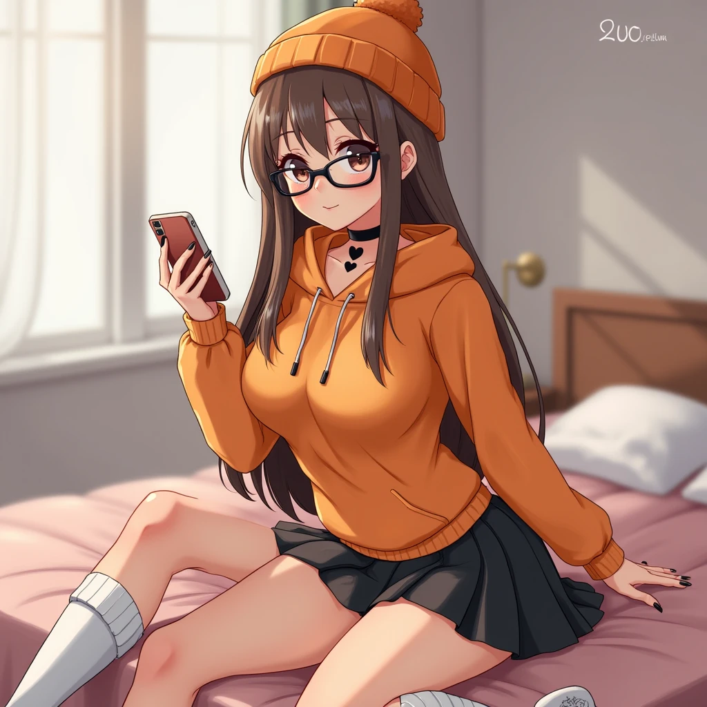 (elf girl), master piece, blushing, freckles, wide hips, slim waist, thick thighs, masterpiece, best quality, sfw, mature 36 year old woman, brown hair, moist face,  wavy hair, mouth open, shiny. lips, beutiful round eyes, oversized hoodie, (thick thighs), thick hoodie, inside city apartment, raining outside, rainy day, navy rain, inside, standing nest to bed next to window, nightime, raindrops on window, dark out, mood light, soft lap light, cozy mood, Lofi astetic, the scene emulates an immense feeling of comfort and safety, modern cityscapes, skyscraper nightlights visable through window, midnight, completely dark out, orange lighting, orange moodnlight, Beautiful eyes, the most beautiful eyes youve ever seen, shiny thighs, hands in lap,  pointy ears, dark room, extremely dark bedroom, oversized hoodie, Extremely oversized hoodie, bare legs, ponytail,feet on bed, knees close to face, knees up, hugging knees, (thick framed clear glasses:1.4), frosted windows