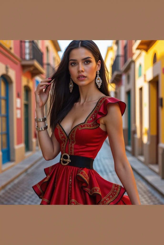 Olivia Culpo dressed in sexy Maltese traditional clothing with painted lips and smiling