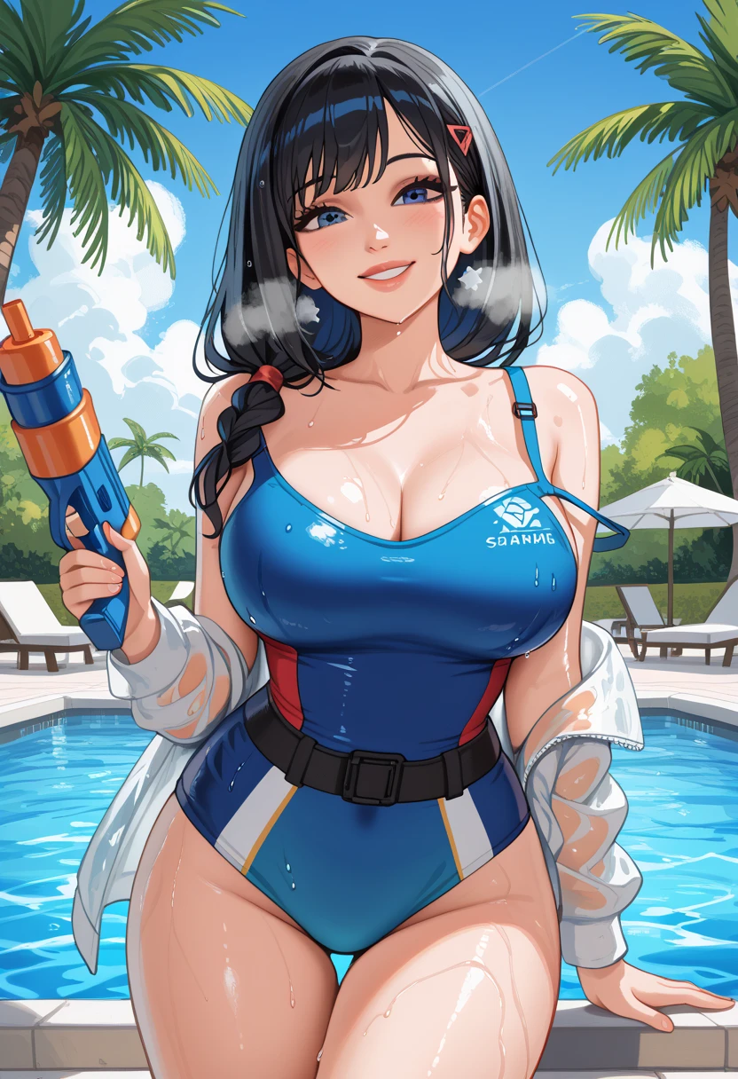 Beautiful girl with short black hair. She is wearing a white tank top and a blue jumpsuit.Another planet background. big tits. He has a scythe in his right hand