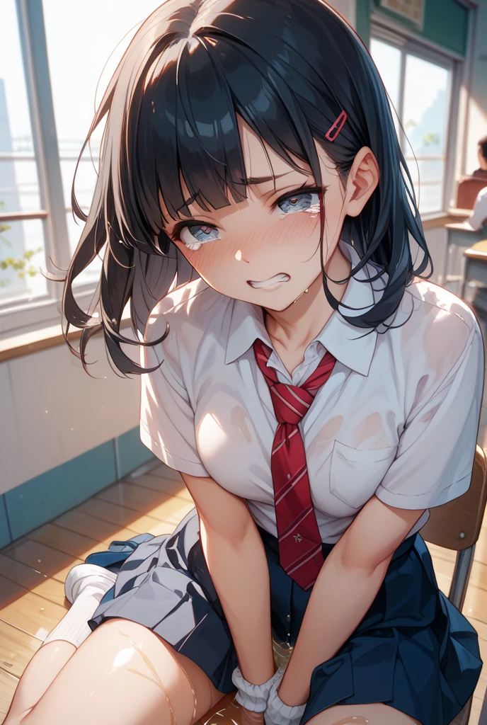 Photorealistic:1.5), (masterpiece、Highly detailed 8K CG、Sharp lines)、hi-school girl、A dark-haired、(White panties:1.2)、thighs thighs thighs thighs、Beautiful anime 、Smooth Anime CG Art、Beautiful anime 、Beautiful anime girl, 19-year-old beautiful girl, Detailed skin,(gleaming skin:1.9)、short-hair、Beautiful black hair、brown Eye、(many streaming sweat:1.8), (Crying:1.6), (flat chest:1.6),(Muscular legs:1.5), (gaunt:1.7), (student clothes, a sailor suit, Dark blue pleated skirt:1.4), (sleeveless:0.2), (head shot:1.9), wet, solo, one girl, crawling position on their hands and knees:1.0, (inner thigh1.2), (shoot from above:1.2), (leaning forward:1.2), Inside the classroom, (half closed eyes:1.6), (open mouth:1.6), (drunker eyes:1.8), (drooling:1.5)