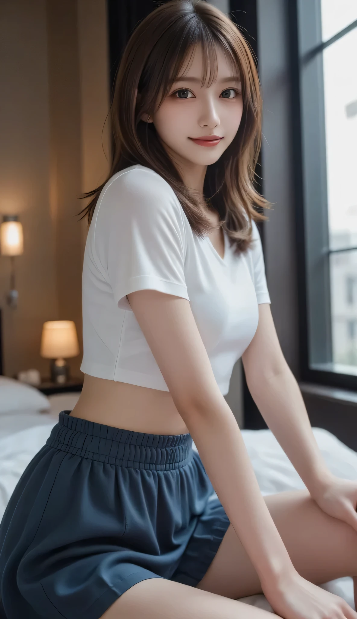 ((medium shot)),(white cropped t-shirt ,Kahki cargo pants,sneakers),(bedroom of lovehotel), japanese lady, pale skin, droopy eyes, 28 year old,(dark Blonde short side ponytail with side bangs:1.3),standing, high quality:1.3, shoot from below,Professional lighting:2.0 realistic:1.2, 4k resolution, detailed skin, masterpiece:1.1,smile,(Slender body),(athlete:1.2),(nipples poking through clothes:1.1),camel toe, 
