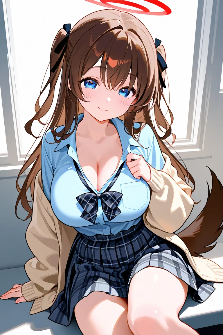 tmasterpiece, Best quality at best, A high resolution, 1 plump girl, Alone, Oversized fox tail,Brown hair long,Green-eyed,Small flower headdress, (13-year-old junior high school student),In the school classroom,Girl is getting ready to change clothes for gym class,Change into old-fashioned Japanese schoolgirl tracksuits_The sports top is already on_Ella'ella'She's only halfway through her gym shorts,((Camel toes)),((Huge cleavage))