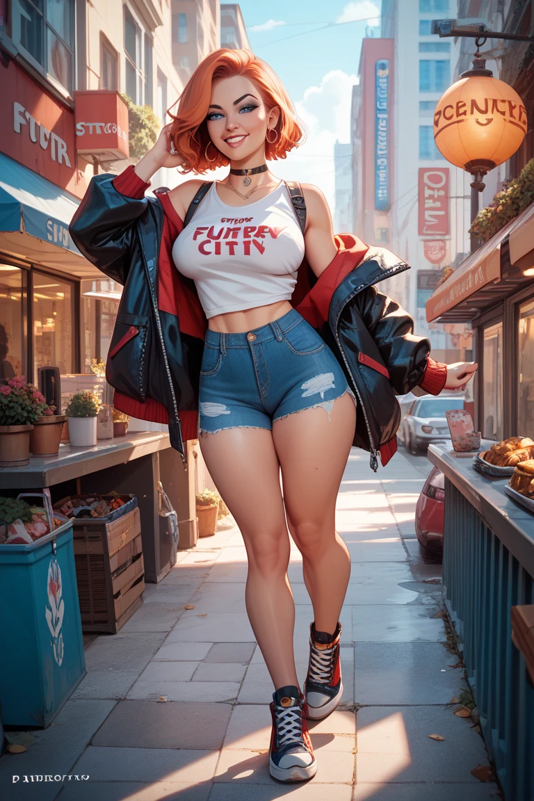a woman in a red top and blue panties walking down a street, stores, bars, clubs, in background, sixties pinup, stylized digital illustration, pinup style, inspired by lachata, in style of digital illustration, art style, digital art, eighties pinup style, eighties-pinup style