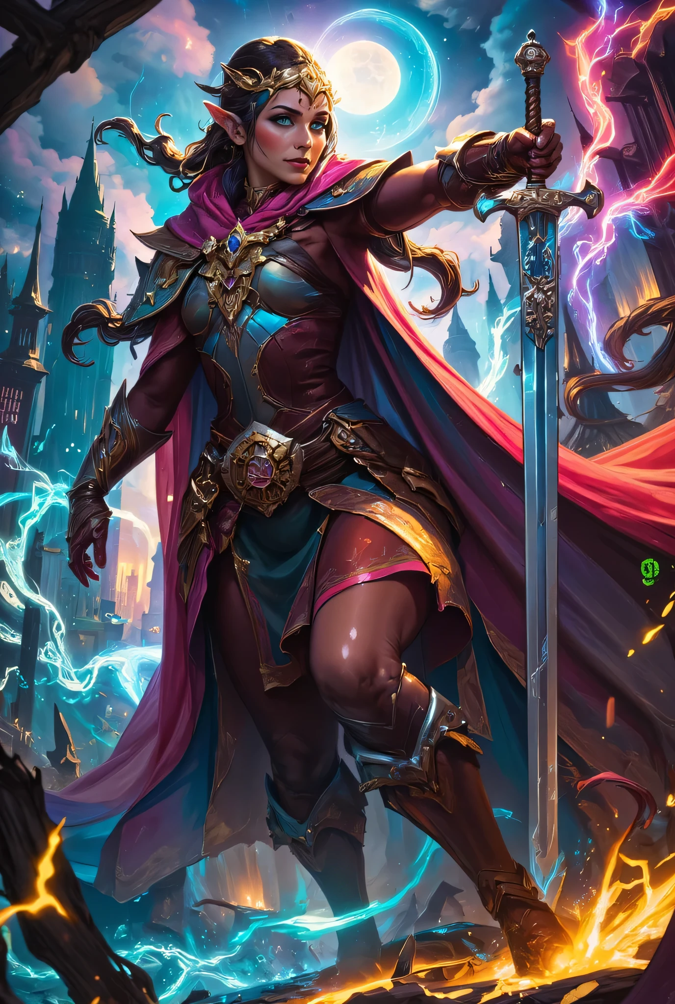 a picture of a female elf (intense details, Masterpiece, best quality) fantasy swashbuckler, fantasy fencer, armed with a slim sword, shinning sword, metallic shine, colorful clothes, dynamic clothing, an ultra wide shot, full body (intense details, Masterpiece, best quality)epic beautiful female elf (intense details, Masterpiece, best quality), rich hair, braided hair, small pointed ears, action shot, GlowingRunesAI_red , colorful magical sigils in the air, colorful arcane markings floating,  holding a sword (intricate details, Masterpiece, best quality), fantasy urban street (intense details, Masterpiece, best quality),  purple cloak, long cloak (intense details, Masterpiece, best quality), sense of daring, sense of adventure,  high details, best quality, 8k, [ultra detailed], masterpiece, best quality, (extremely detailed), dynamic angle, ultra wide shot, photorealistic, RAW, fantasy art, dnd art,fantasy art, realistic art, Celestial Fantasy, zavy-ctcmcs, w1n
