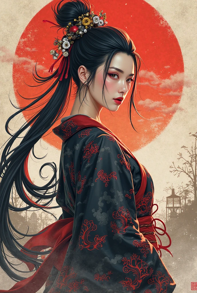A girl with long loose black hair, crimson red eyes. Deep red lipstick, red eye shadow , very big breasts demon, geisha clothes , big breasts, ((arms behind back)),