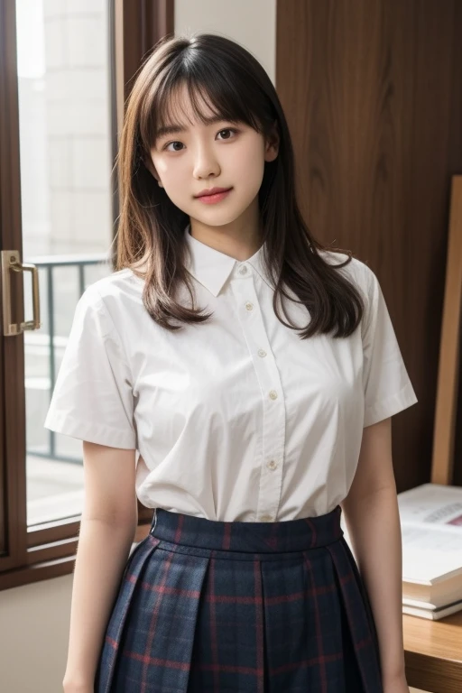 (masterpiece, 高いest quality:1.2), 8k, Official Art, RAW Photos, Unbelievably absurd, (White shirt、Pleated skirt:1.4), Front opening of the shirt、A stunningly beautiful 15-year-old high school student, ((both handsでスカートを持って))、Sit on the bed、ニヤニヤしたsmile, 、smile、 (Pleated skirt:1.1), close, , Short sleeve, Gaze provocatively at the audience, No makeup, Film Grain, chromatic aberration, Sharp focus, Face Light, Dynamic Lighting, Cinema Lighting, Detailed eyes and face,short hair、(((White skin)))、Bright bedroom、super slim t高いs、((Realistic panties with lace trim、Beautiful crotch))、((((both hands)))),((((Looks very young:1.3))))、(Very young and busty:1.2)、Lace stockings up to the thigh、Sparkling eyes、Lip gloss、