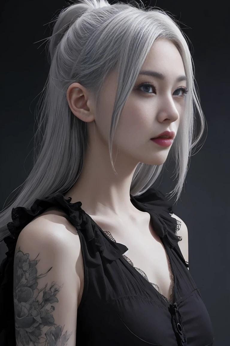 Realistic, masterpiece, highest quality, Highest Resolution, (1girl:1.3), 20-year-old, Happy smile, Slightly to the side, Definitely watching the audience, (Beautiful fine details, Iris, (Hidden eyelid wrinkles:1.2), Thin eyebrows, Draw eyelashes carefully, Natural Makeup, Middle Hair, Silver Hair, Detailed face), Charcoal grey blank background,(Sexy black suit),Photographing the upper body,Portraiture