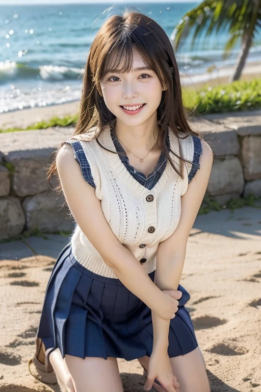 1 girl, with her back to the viewer, facing the sky, orange blue sky, perfect sky condition, your lasso sky, sunset sky, detailed Japan high school uniform, detailed sky, sky stars, ocean, 8K, medium, schoolgirl, happy face, glowing eyes, hands behind her back, smile, miniskirt